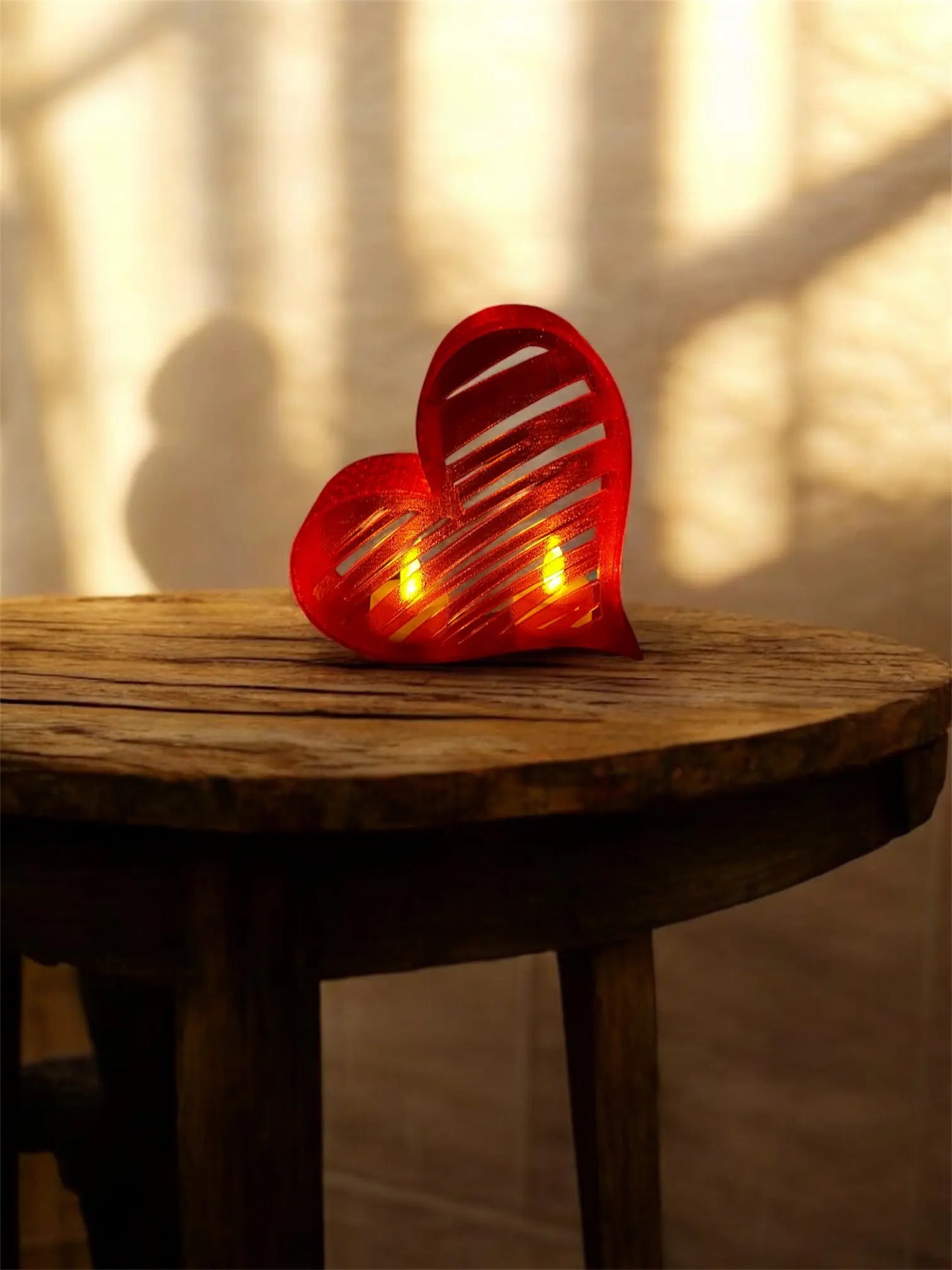 Deko-Herz ‚Red Love‘ in Rot – modernes Design auf Holztisch im Sonnenlicht