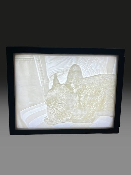 Lithophan Bilderrahmen – Französische Bulldogge als 3D-Relief, warmweißes Licht
