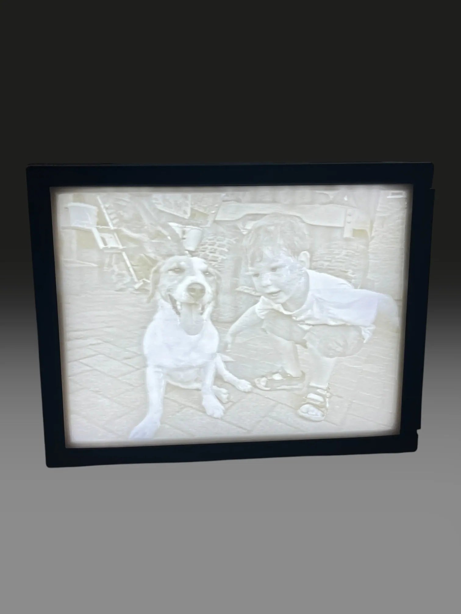 Lithophan Bilderrahmen – Kind mit Hund als leuchtendes 3D-Relief, schwarzer Rahmen